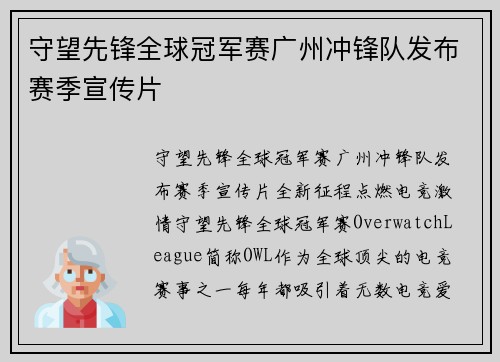 守望先锋全球冠军赛广州冲锋队发布赛季宣传片