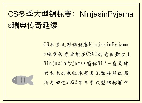 CS冬季大型锦标赛：NinjasinPyjamas瑞典传奇延续